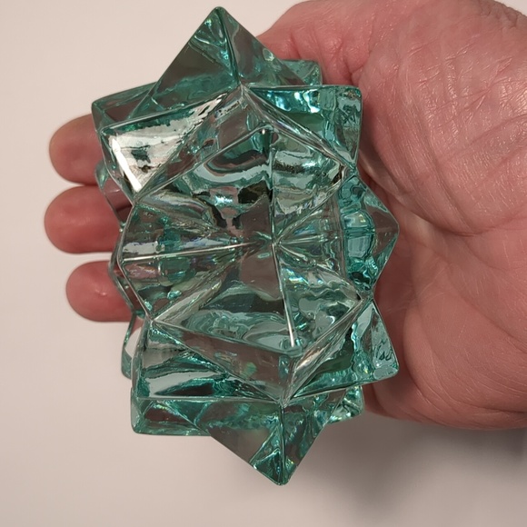 Small Indiana aqua/lt. turquoise starburst art glass votive candle holder. - Picture 3 of 4